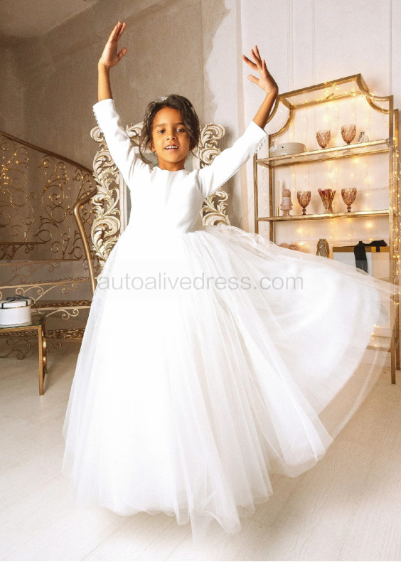 White Satin Tulle Minimalist Flower Girl Dress